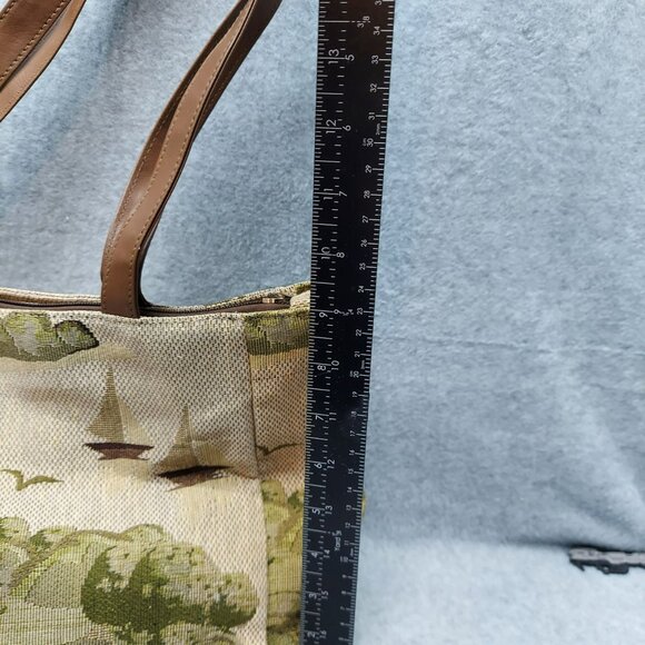 Vintage Lighthouse & Sailboat Tapestry Tote Bag With Brown Handles - Picture 4 of 14